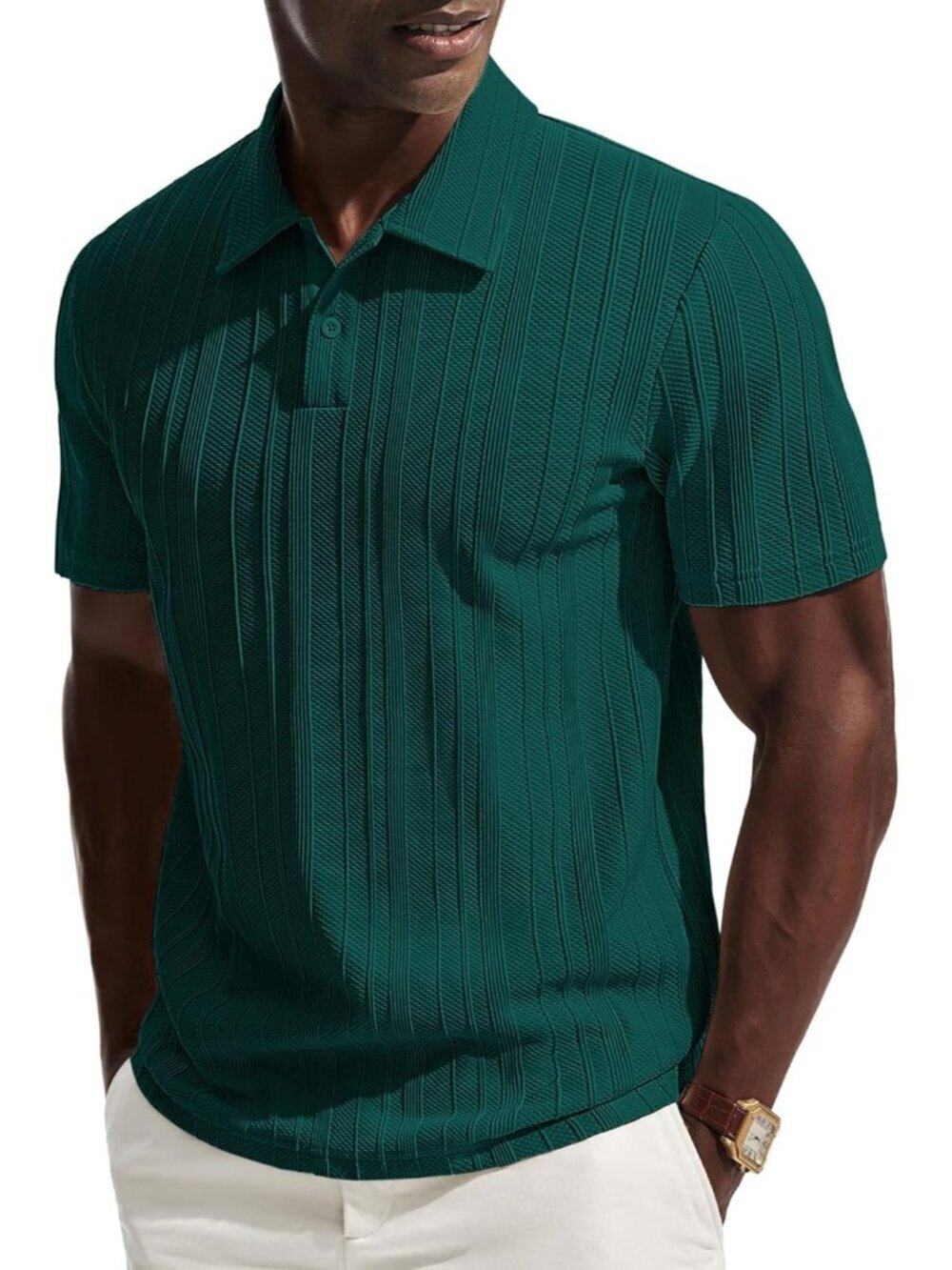 Men's Green Polo Shirts Short Sleeve Casual Textured Knit Collared Golf